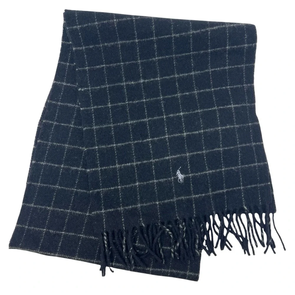 Polo by Ralph Lauren Lambswool Windowpane Scarf Black and Gray Winter Classic